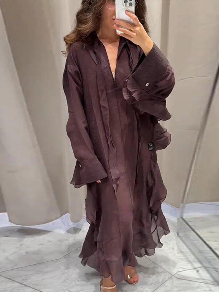 Casual Ruffles Long Dress Women Lace Up Batwing Full Sleeve Buttons V - neck Loose Brown Dresses 2025 Summer Holiday Beach Robes - TheGlamTrend14:200002130green;5:100014064greenSCasual Ruffles Long Dress Women Lace Up Batwing Full Sleeve Buttons V - neck Loose Brown Dresses 2025 Summer Holiday Beach Robes