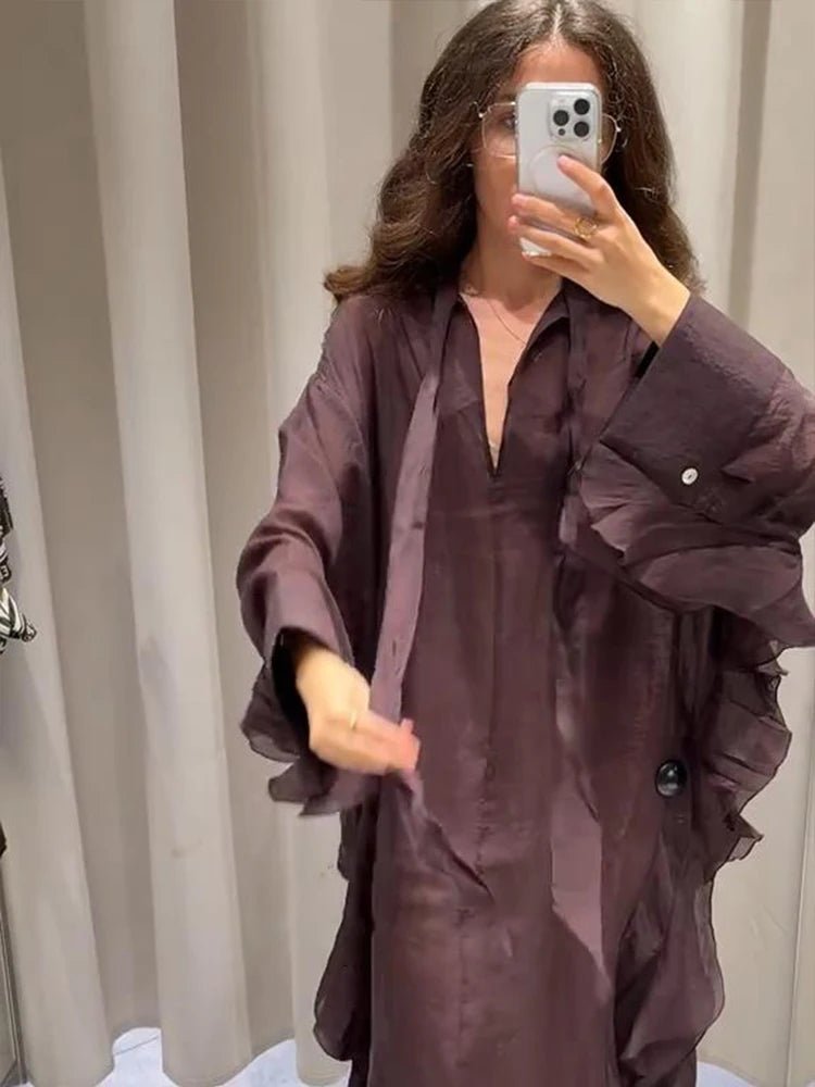 Casual Ruffles Long Dress Women Lace Up Batwing Full Sleeve Buttons V - neck Loose Brown Dresses 2025 Summer Holiday Beach Robes - TheGlamTrend14:200002130green;5:100014064greenSCasual Ruffles Long Dress Women Lace Up Batwing Full Sleeve Buttons V - neck Loose Brown Dresses 2025 Summer Holiday Beach Robes