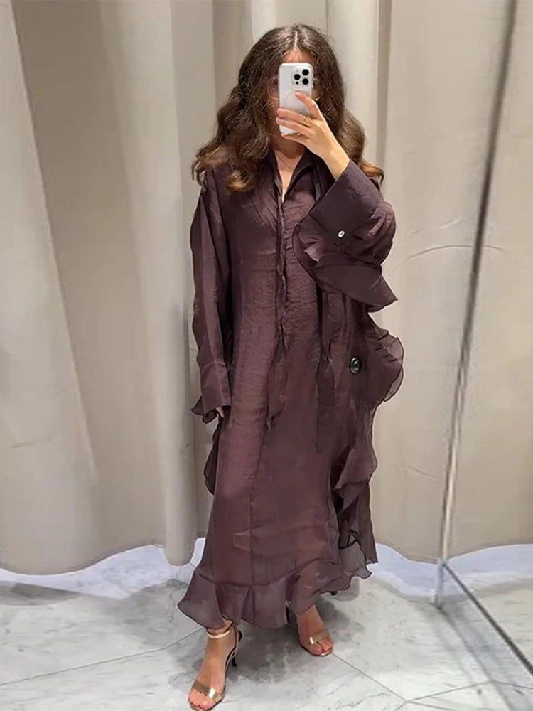 Casual Ruffles Long Dress Women Lace Up Batwing Full Sleeve Buttons V - neck Loose Brown Dresses 2025 Summer Holiday Beach Robes - TheGlamTrend14:200002130green;5:100014064greenSCasual Ruffles Long Dress Women Lace Up Batwing Full Sleeve Buttons V - neck Loose Brown Dresses 2025 Summer Holiday Beach Robes