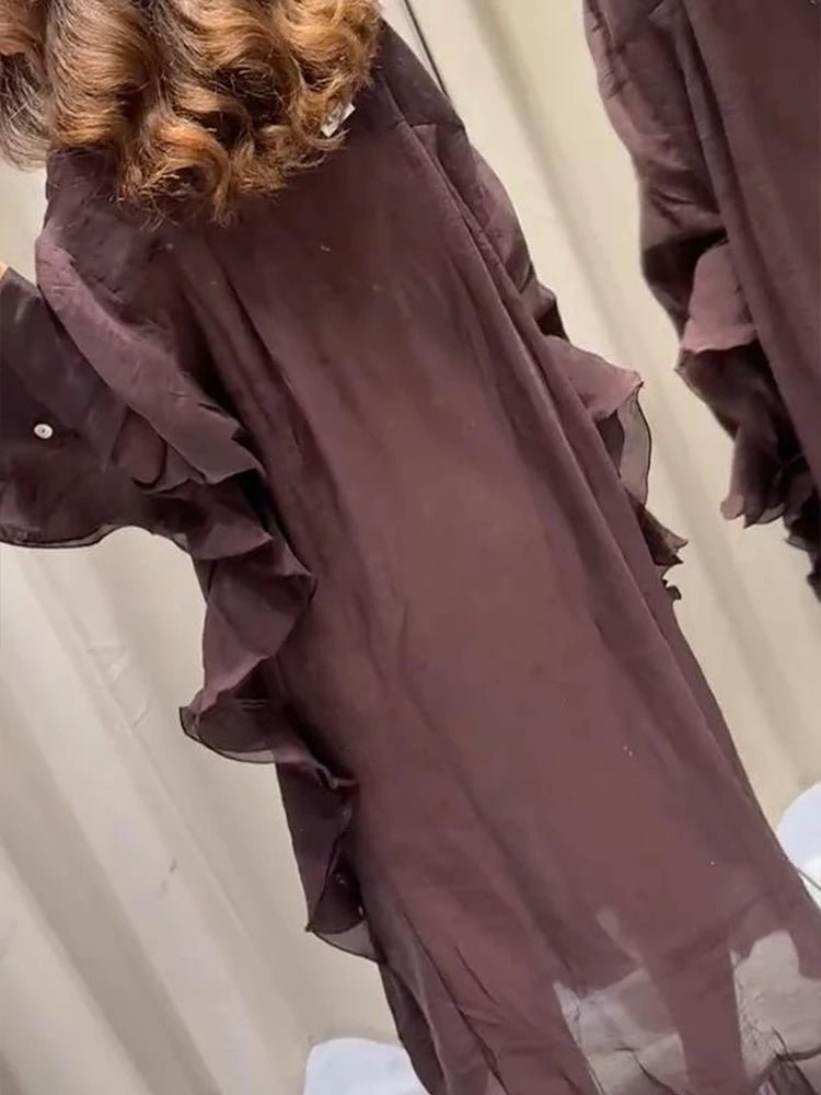 Casual Ruffles Long Dress Women Lace Up Batwing Full Sleeve Buttons V - neck Loose Brown Dresses 2025 Summer Holiday Beach Robes - TheGlamTrend14:200002130green;5:100014064greenSCasual Ruffles Long Dress Women Lace Up Batwing Full Sleeve Buttons V - neck Loose Brown Dresses 2025 Summer Holiday Beach Robes