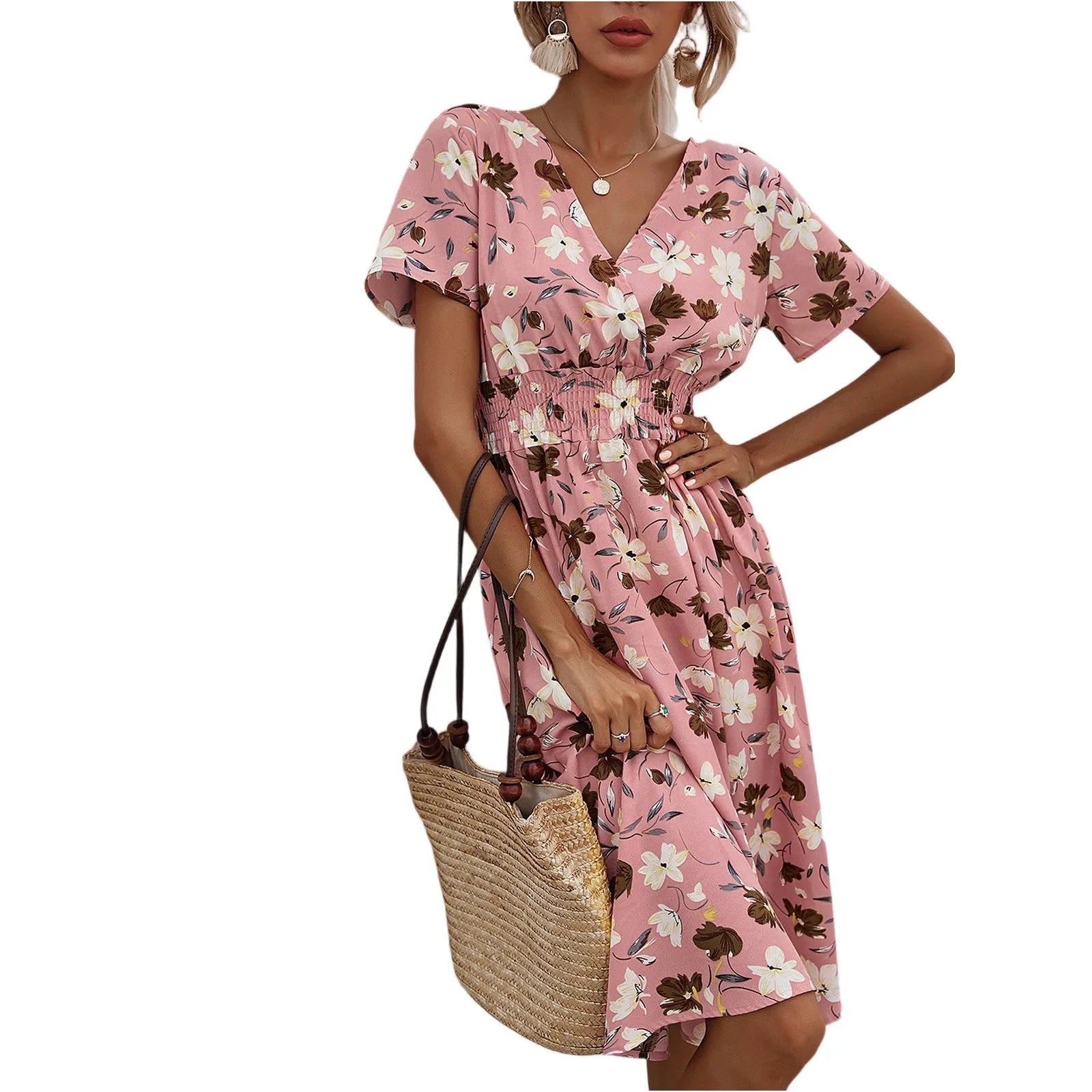 Casual small floral printed dresses for women v - neck short sleeve slim waist dress elegant and fashionable women's dress - TheGlamTrend14:1052Pink;5:361385PinkLCasual small floral printed dresses for women v - neck short sleeve slim waist dress elegant and fashionable women's dress
