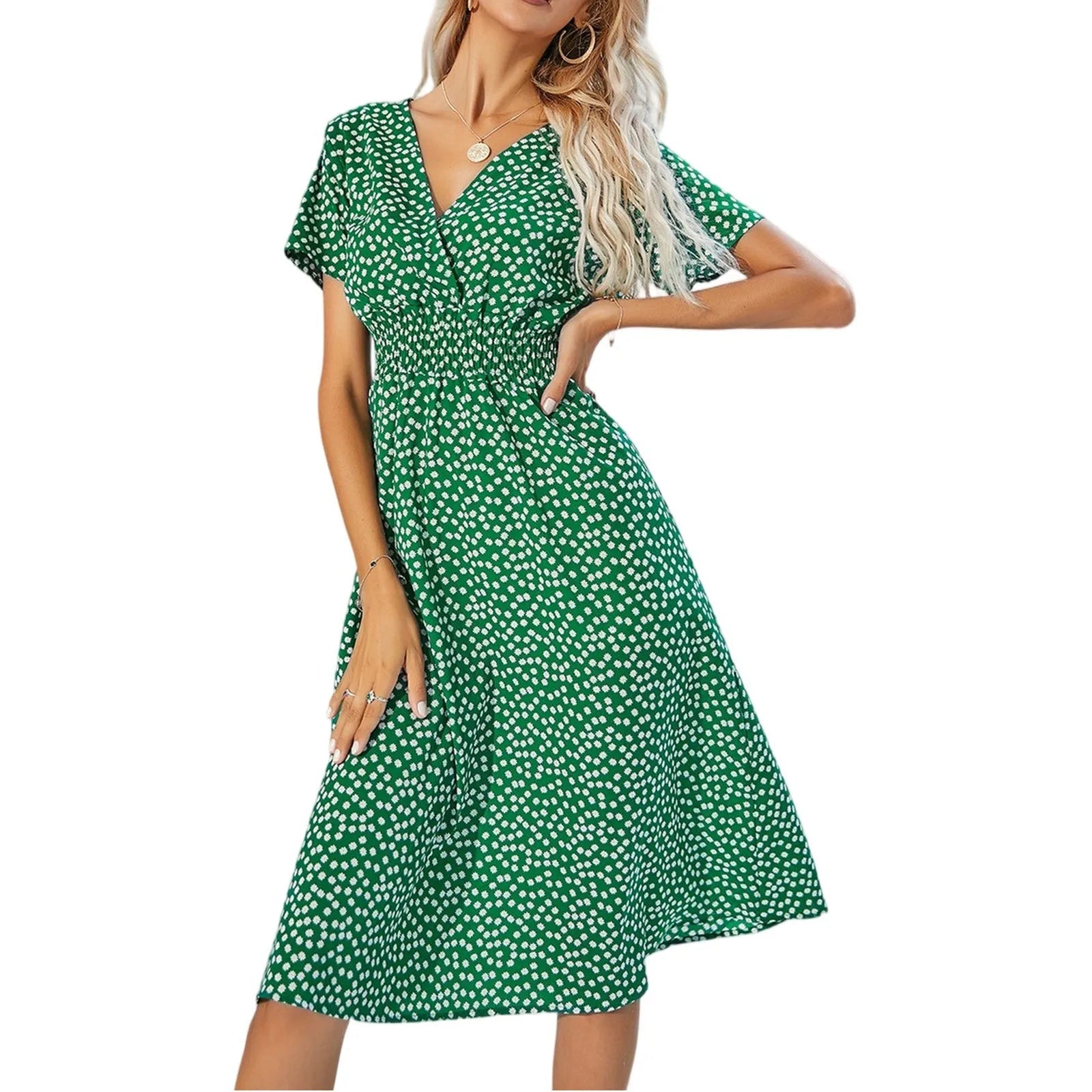 Casual small floral printed dresses for women v - neck short sleeve slim waist dress elegant and fashionable women's dress - TheGlamTrend14:175Green;5:361385GreenLCasual small floral printed dresses for women v - neck short sleeve slim waist dress elegant and fashionable women's dress