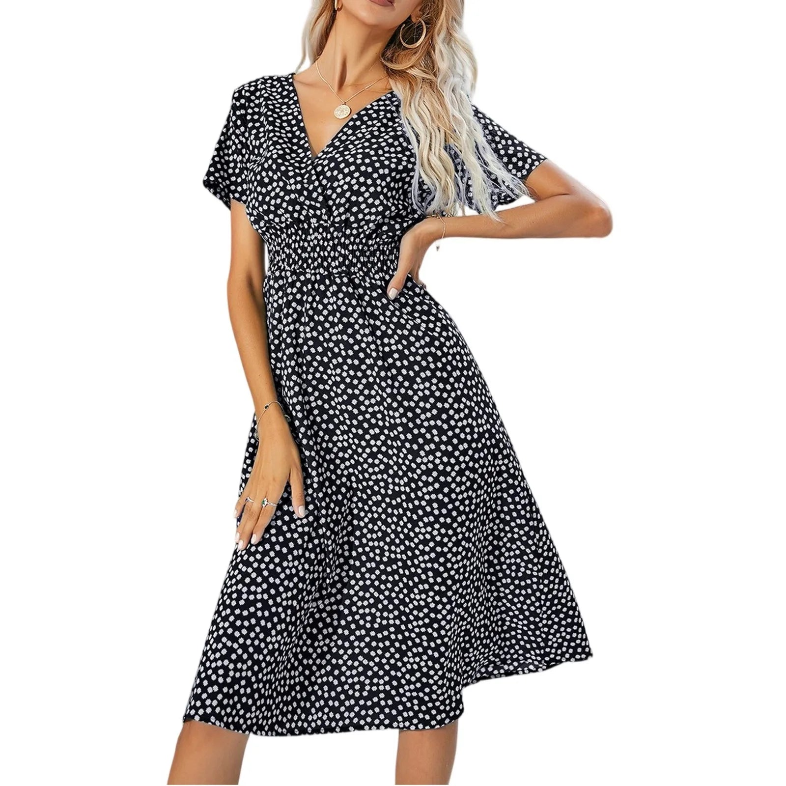 Casual small floral printed dresses for women v - neck short sleeve slim waist dress elegant and fashionable women's dress - TheGlamTrend14:193Black;5:361385BlackLCasual small floral printed dresses for women v - neck short sleeve slim waist dress elegant and fashionable women's dress