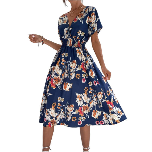 Casual small floral printed dresses for women v - neck short sleeve slim waist dress elegant and fashionable women's dress - TheGlamTrend14:200004870Dark Blue;5:100014064Dark BlueSCasual small floral printed dresses for women v - neck short sleeve slim waist dress elegant and fashionable women's dress