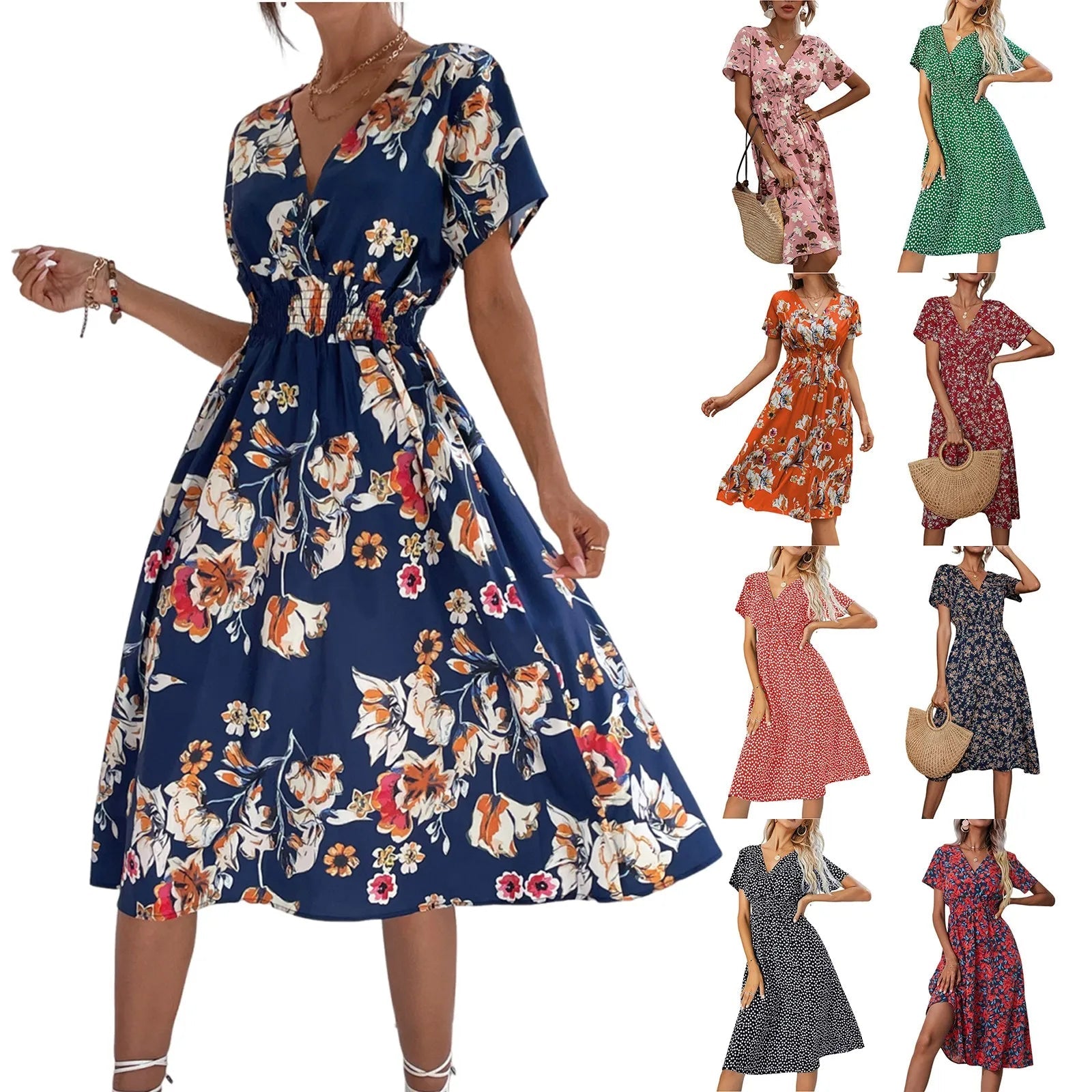Casual small floral printed dresses for women v - neck short sleeve slim waist dress elegant and fashionable women's dress - TheGlamTrend14:200004870Dark Blue;5:100014064Dark BlueSCasual small floral printed dresses for women v - neck short sleeve slim waist dress elegant and fashionable women's dress