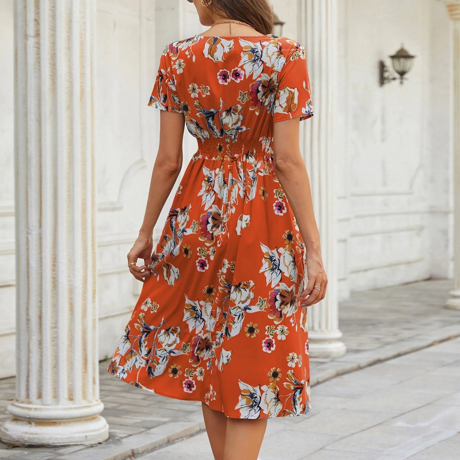 Casual small floral printed dresses for women v - neck short sleeve slim waist dress elegant and fashionable women's dress - TheGlamTrend14:200004870Dark Blue;5:100014064Dark BlueSCasual small floral printed dresses for women v - neck short sleeve slim waist dress elegant and fashionable women's dress
