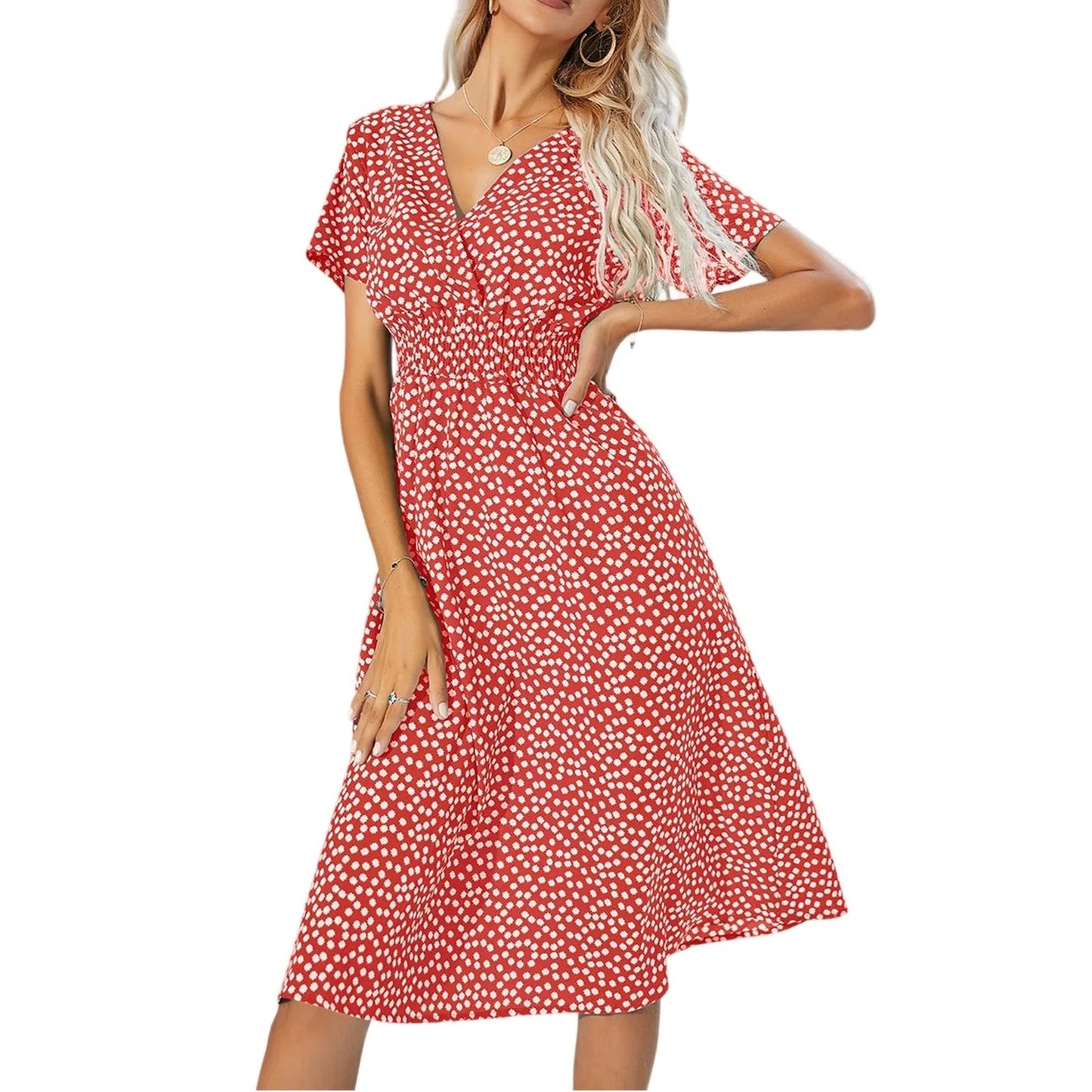 Casual small floral printed dresses for women v - neck short sleeve slim waist dress elegant and fashionable women's dress - TheGlamTrend14:200013900Watermelon Red;5:361385Watermelon RedLCasual small floral printed dresses for women v - neck short sleeve slim waist dress elegant and fashionable women's dress