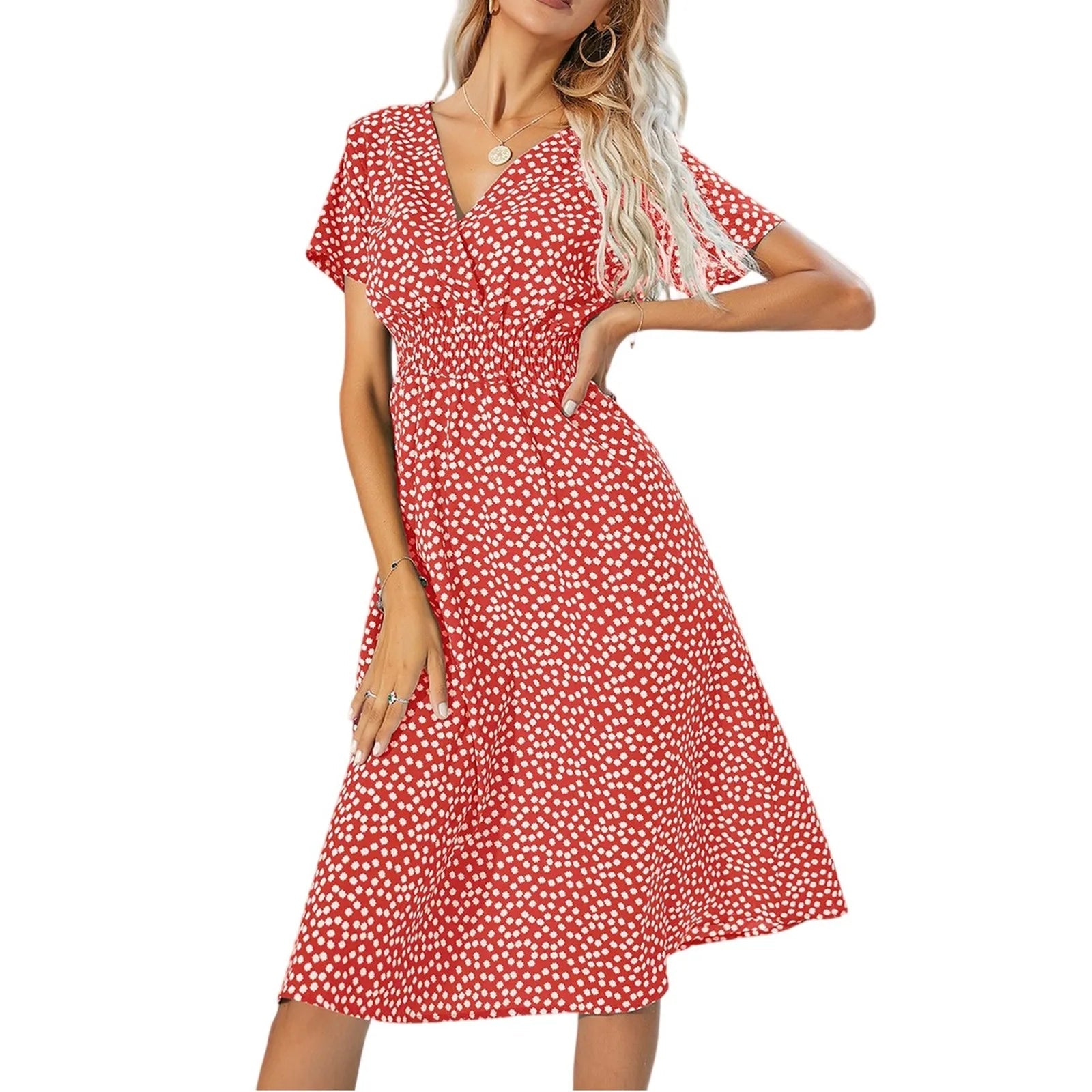 Casual small floral printed dresses for women v - neck short sleeve slim waist dress elegant and fashionable women's dress - TheGlamTrend14:200013900Watermelon Red;5:361385Watermelon RedLCasual small floral printed dresses for women v - neck short sleeve slim waist dress elegant and fashionable women's dress