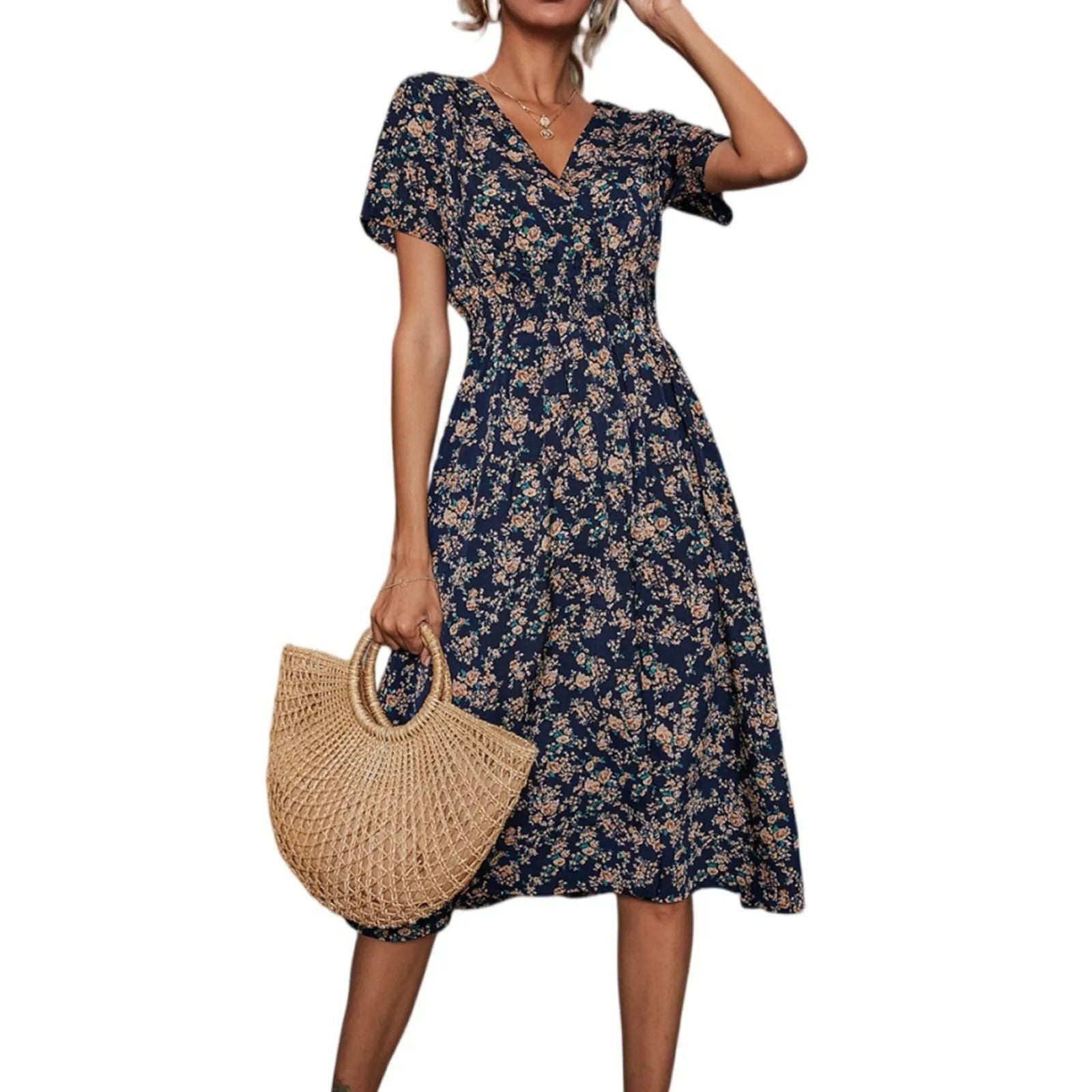 Casual small floral printed dresses for women v - neck short sleeve slim waist dress elegant and fashionable women's dress - TheGlamTrend14:201800840Navy;5:361385NavyLCasual small floral printed dresses for women v - neck short sleeve slim waist dress elegant and fashionable women's dress