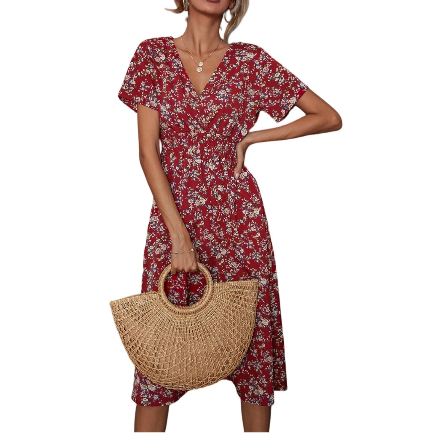 Casual small floral printed dresses for women v - neck short sleeve slim waist dress elegant and fashionable women's dress - TheGlamTrend14:273312254Wine;5:361385WineLCasual small floral printed dresses for women v - neck short sleeve slim waist dress elegant and fashionable women's dress