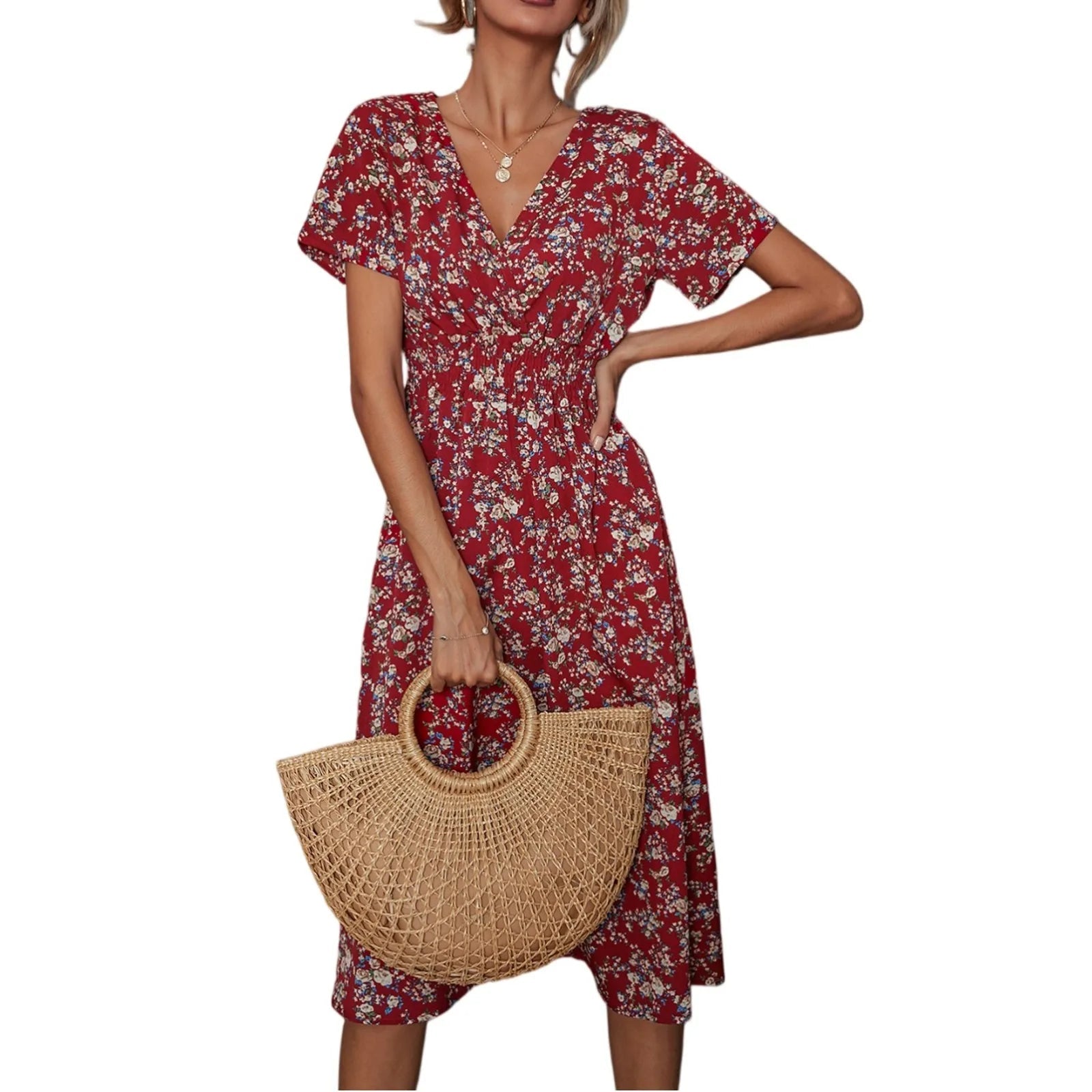 Casual small floral printed dresses for women v - neck short sleeve slim waist dress elegant and fashionable women's dress - TheGlamTrend14:273312254Wine;5:361385WineLCasual small floral printed dresses for women v - neck short sleeve slim waist dress elegant and fashionable women's dress