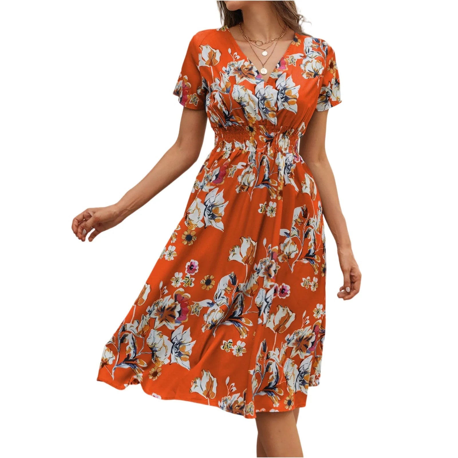 Casual small floral printed dresses for women v - neck short sleeve slim waist dress elegant and fashionable women's dress - TheGlamTrend14:350852Orange;5:100014064OrangeSCasual small floral printed dresses for women v - neck short sleeve slim waist dress elegant and fashionable women's dress