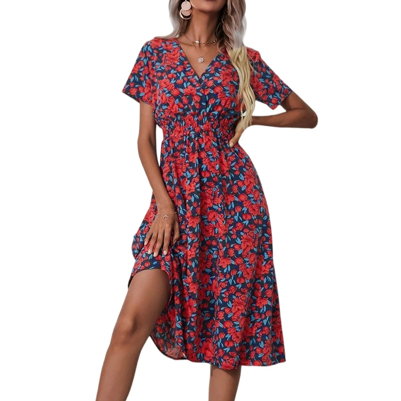 Casual small floral printed dresses for women v - neck short sleeve slim waist dress elegant and fashionable women's dress - TheGlamTrend14:435978097Deep Red;5:361385Deep RedLCasual small floral printed dresses for women v - neck short sleeve slim waist dress elegant and fashionable women's dress