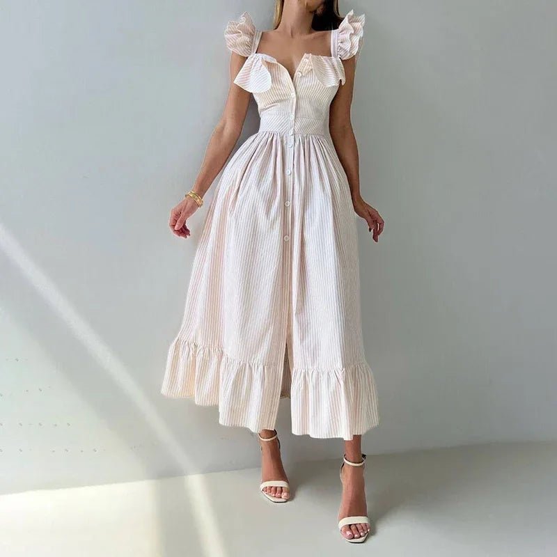 Casual Striped Women's Long Dresses Chic Single - breasted Short Puff Sleeve Female Vestidos 2025 Summer Slim Fit Lady Robes - TheGlamTrend14:365458khaki;5:100014064khakiSCasual Striped Women's Long Dresses Chic Single - breasted Short Puff Sleeve Female Vestidos 2025 Summer Slim Fit Lady Robes