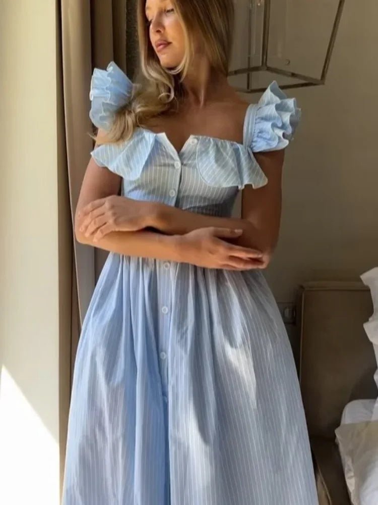 Casual Striped Women's Long Dresses Chic Single - breasted Short Puff Sleeve Female Vestidos 2025 Summer Slim Fit Lady Robes - TheGlamTrend14:771Blue;5:361385BlueLCasual Striped Women's Long Dresses Chic Single - breasted Short Puff Sleeve Female Vestidos 2025 Summer Slim Fit Lady Robes