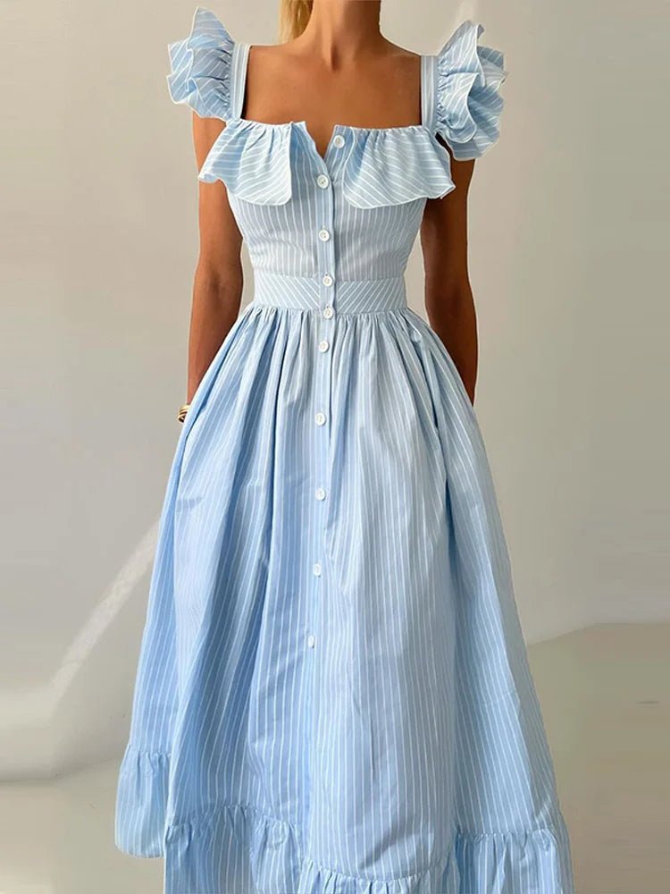 Casual Striped Women's Long Dresses Chic Single - breasted Short Puff Sleeve Female Vestidos 2025 Summer Slim Fit Lady Robes - TheGlamTrend14:771Blue;5:361385BlueLCasual Striped Women's Long Dresses Chic Single - breasted Short Puff Sleeve Female Vestidos 2025 Summer Slim Fit Lady Robes