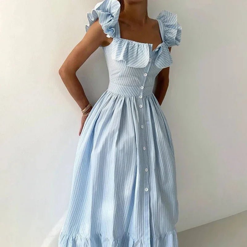 Casual Striped Women's Long Dresses Chic Single - breasted Short Puff Sleeve Female Vestidos 2025 Summer Slim Fit Lady Robes - TheGlamTrend14:771Blue;5:361385BlueLCasual Striped Women's Long Dresses Chic Single - breasted Short Puff Sleeve Female Vestidos 2025 Summer Slim Fit Lady Robes