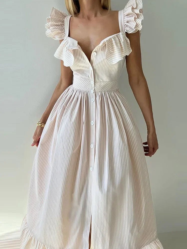 Casual Striped Women's Long Dresses Chic Single - breasted Short Puff Sleeve Female Vestidos 2025 Summer Slim Fit Lady Robes - TheGlamTrend14:771Blue;5:361385BlueLCasual Striped Women's Long Dresses Chic Single - breasted Short Puff Sleeve Female Vestidos 2025 Summer Slim Fit Lady Robes