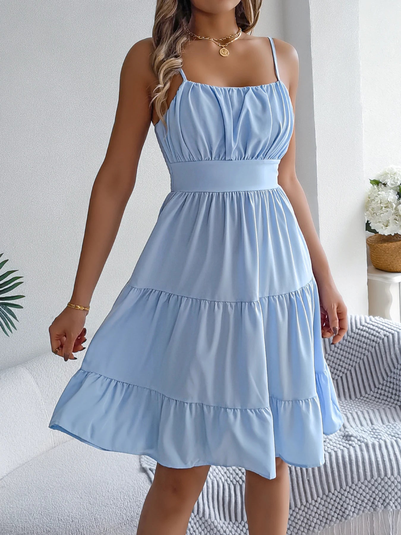 Casual Vacation Ruffled Camisole Dress Spring Summer Women's Solid Dresses for Women - TheGlamTrend14:13978534;5:361386Light BlueMCasual Vacation Ruffled Camisole Dress Spring Summer Women's Solid Dresses for Women
