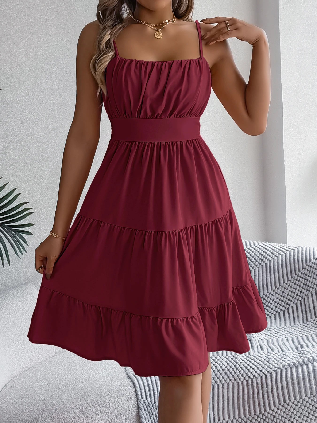 Casual Vacation Ruffled Camisole Dress Spring Summer Women's Solid Dresses for Women - TheGlamTrend14:273312254;5:361385ClaretLCasual Vacation Ruffled Camisole Dress Spring Summer Women's Solid Dresses for Women