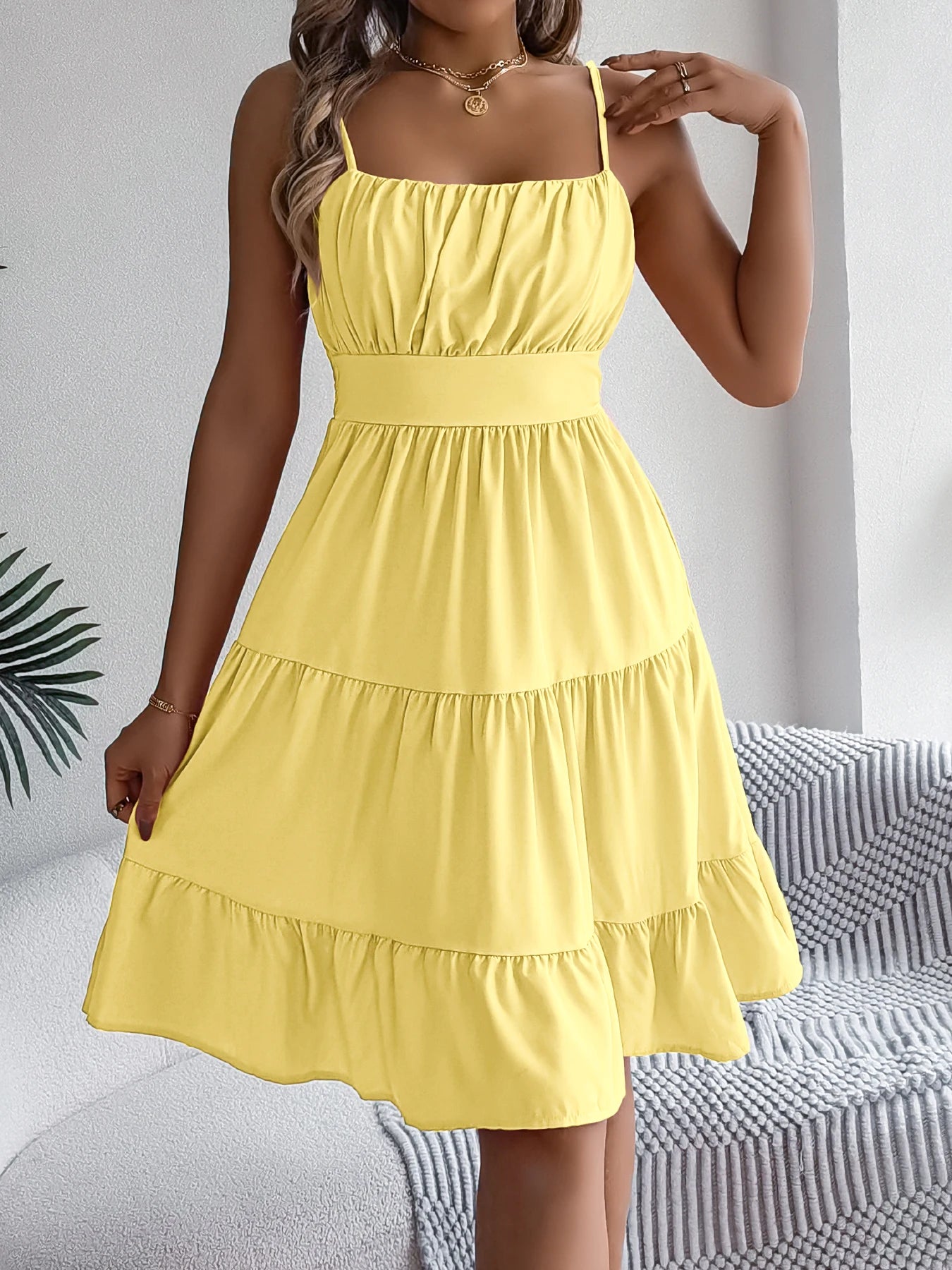 Casual Vacation Ruffled Camisole Dress Spring Summer Women's Solid Dresses for Women - TheGlamTrend14:366;5:361385YellowLCasual Vacation Ruffled Camisole Dress Spring Summer Women's Solid Dresses for Women
