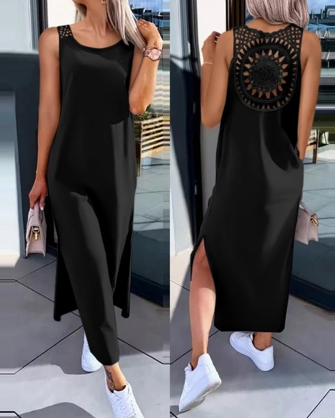 Casual women's dresses 2025 Summer Fashion Slit Hollow - Out Casual Plain Round Neck Sleeveless Daily Straight Mid - Calf long dress - TheGlamTrend14:1254D;5:361386DMCasual women's dresses 2025 Summer Fashion Slit Hollow - Out Casual Plain Round Neck Sleeveless Daily Straight Mid - Calf long dress
