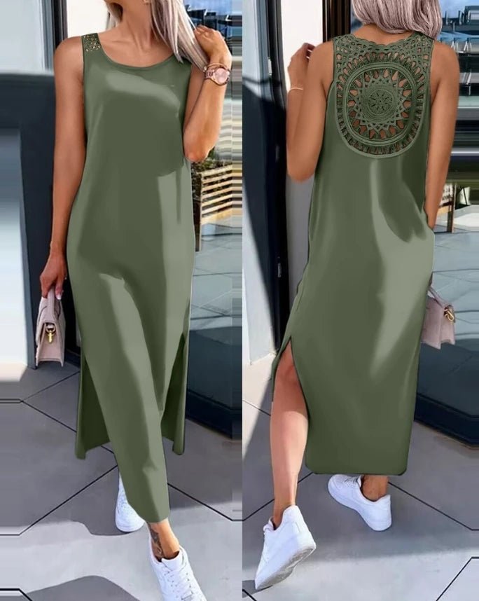Casual women's dresses 2025 Summer Fashion Slit Hollow - Out Casual Plain Round Neck Sleeveless Daily Straight Mid - Calf long dress - TheGlamTrend14:173C;5:361386CMCasual women's dresses 2025 Summer Fashion Slit Hollow - Out Casual Plain Round Neck Sleeveless Daily Straight Mid - Calf long dress