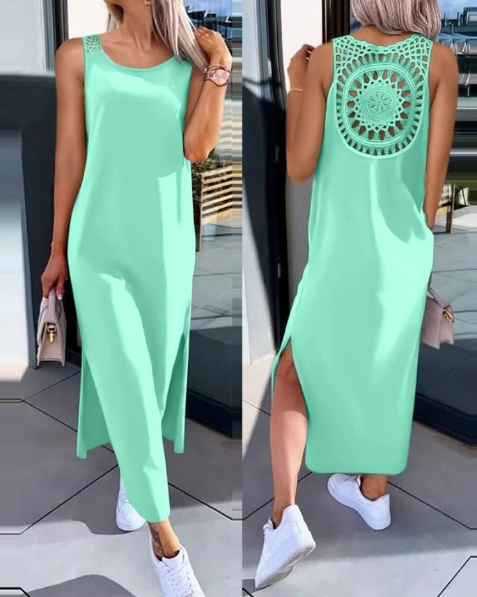 Casual women's dresses 2025 Summer Fashion Slit Hollow - Out Casual Plain Round Neck Sleeveless Daily Straight Mid - Calf long dress - TheGlamTrend14:200004890H;5:4182HXXLCasual women's dresses 2025 Summer Fashion Slit Hollow - Out Casual Plain Round Neck Sleeveless Daily Straight Mid - Calf long dress