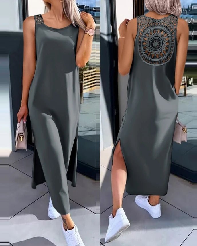 Casual women's dresses 2025 Summer Fashion Slit Hollow - Out Casual Plain Round Neck Sleeveless Daily Straight Mid - Calf long dress - TheGlamTrend14:771A;5:361386AMCasual women's dresses 2025 Summer Fashion Slit Hollow - Out Casual Plain Round Neck Sleeveless Daily Straight Mid - Calf long dress