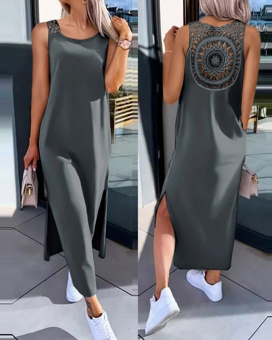 Casual women's dresses 2025 Summer Fashion Slit Hollow - Out Casual Plain Round Neck Sleeveless Daily Straight Mid - Calf long dress - TheGlamTrend14:771A;5:361386AMCasual women's dresses 2025 Summer Fashion Slit Hollow - Out Casual Plain Round Neck Sleeveless Daily Straight Mid - Calf long dress