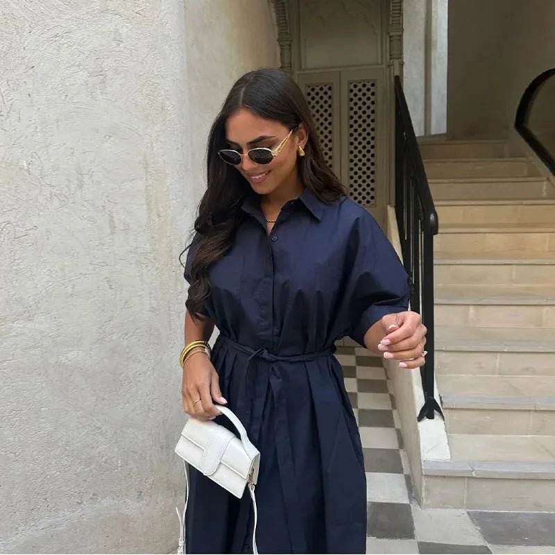 Casual Women's Lace Up Dress Single - Breasted Turn - Down Collar Short Sleeve Lady Dresses 2025 Spring Summer Loose Female Robe - TheGlamTrend14:175;5:361386greenMCasual Women's Lace Up Dress Single - Breasted Turn - Down Collar Short Sleeve Lady Dresses 2025 Spring Summer Loose Female Robe