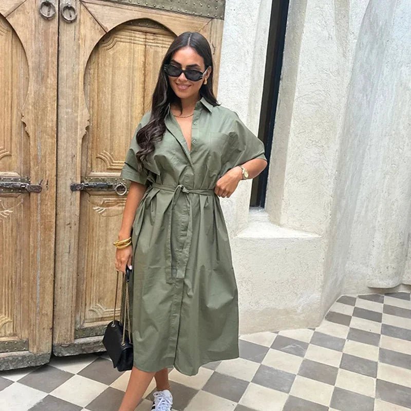 Casual Women's Lace Up Dress Single - Breasted Turn - Down Collar Short Sleeve Lady Dresses 2025 Spring Summer Loose Female Robe - TheGlamTrend14:175;5:361386greenMCasual Women's Lace Up Dress Single - Breasted Turn - Down Collar Short Sleeve Lady Dresses 2025 Spring Summer Loose Female Robe