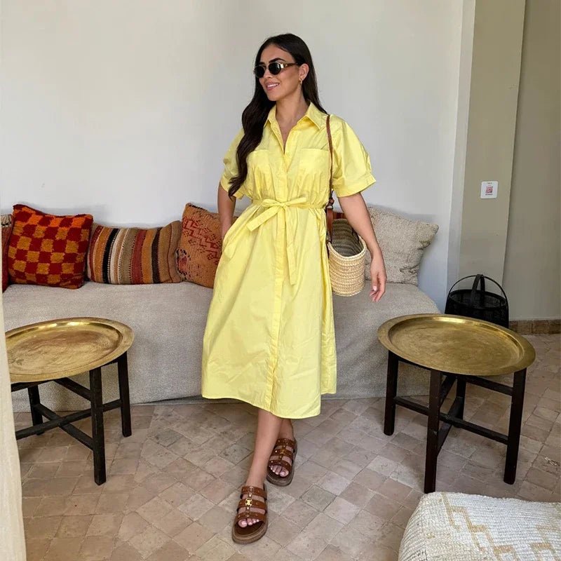 Casual Women's Lace Up Dress Single - Breasted Turn - Down Collar Short Sleeve Lady Dresses 2025 Spring Summer Loose Female Robe - TheGlamTrend14:366;5:4182YellowXXLCasual Women's Lace Up Dress Single - Breasted Turn - Down Collar Short Sleeve Lady Dresses 2025 Spring Summer Loose Female Robe
