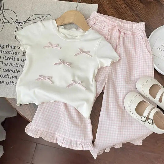 Children's Clothing Sets Bow Short Sleeve Top + Plaid Wide Leg Pants 2pcs Sets Kids Clothes for Girls Toddler Girl Clothes - TheGlamTrend14:173pink sets;200000463:200004188pink sets3TChildren's Clothing Sets Bow Short Sleeve Top + Plaid Wide Leg Pants 2pcs Sets Kids Clothes for Girls Toddler Girl Clothes