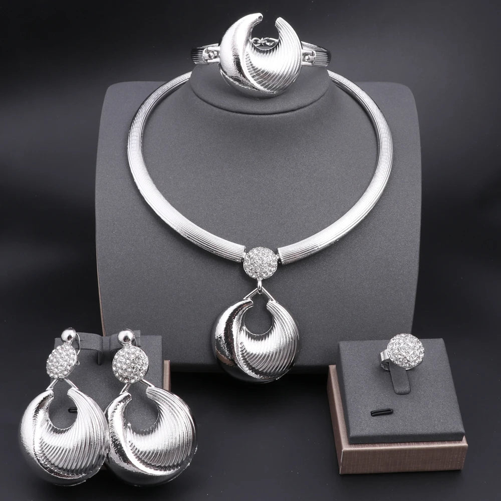 Dubai Jewelry Set For Women Silver Plated Luxury Necklace Earrings Bracelet And Ring Set Jewelry For Wedding Party Trending ﻿ - TheGlamTrend200001033:361181SilverSilverDubai Jewelry Set For Women Silver Plated Luxury Necklace Earrings Bracelet And Ring Set Jewelry For Wedding Party Trending ﻿