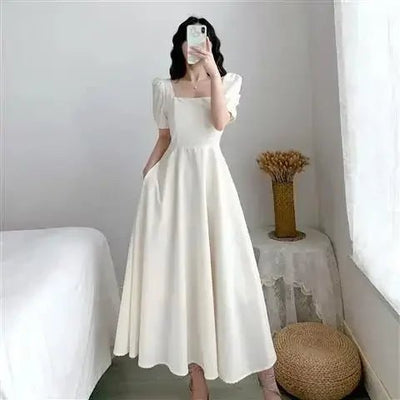 Elegant Slimming Long Dress Summer Puff Sleeves Square Collar White Hebon Lightweight Dress For Women Waist - fitted Casual - TheGlamTrend14:10Burgundy;5:100014064SBurgundyElegant Slimming Long Dress Summer Puff Sleeves Square Collar White Hebon Lightweight Dress For Women Waist - fitted Casual