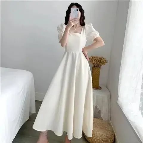 Elegant Slimming Long Dress Summer Puff Sleeves Square Collar White Hebon Lightweight Dress For Women Waist - fitted Casual - TheGlamTrend14:10Burgundy;5:100014064SBurgundyElegant Slimming Long Dress Summer Puff Sleeves Square Collar White Hebon Lightweight Dress For Women Waist - fitted Casual