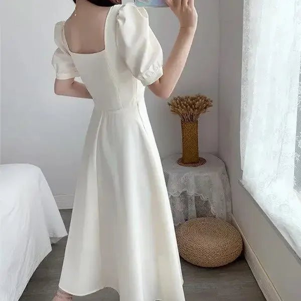 Elegant Slimming Long Dress Summer Puff Sleeves Square Collar White Hebon Lightweight Dress For Women Waist - fitted Casual - TheGlamTrend14:10Burgundy;5:100014064SBurgundyElegant Slimming Long Dress Summer Puff Sleeves Square Collar White Hebon Lightweight Dress For Women Waist - fitted Casual