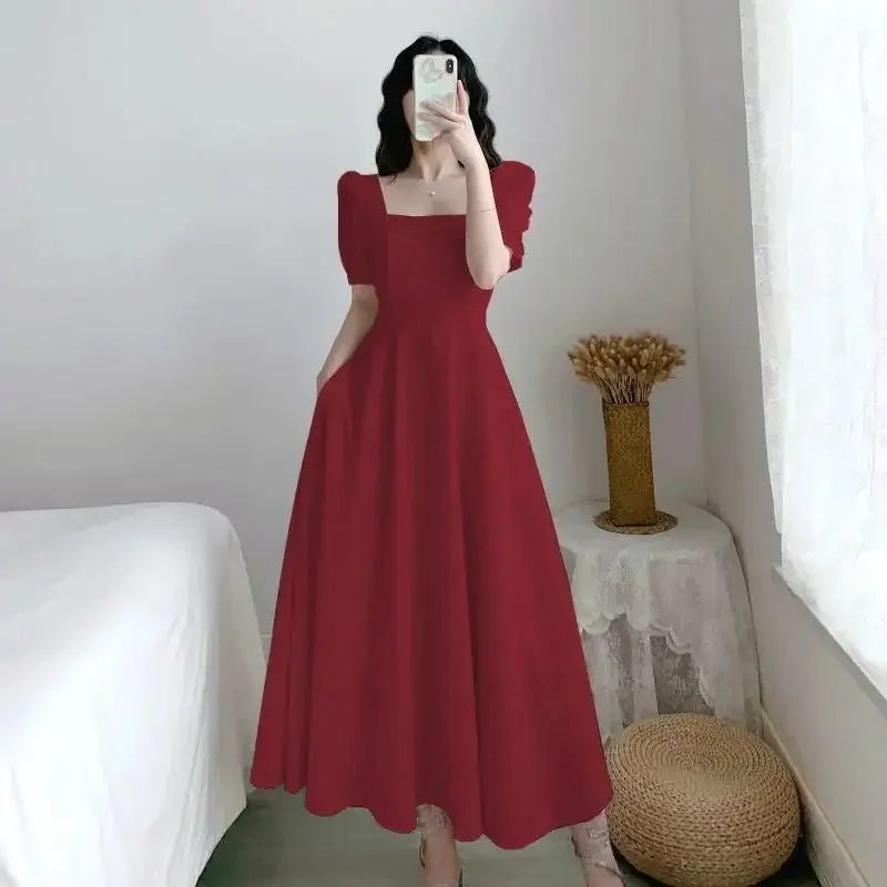Elegant Slimming Long Dress Summer Puff Sleeves Square Collar White Hebon Lightweight Dress For Women Waist - fitted Casual - TheGlamTrend14:10Burgundy;5:100014064SBurgundyElegant Slimming Long Dress Summer Puff Sleeves Square Collar White Hebon Lightweight Dress For Women Waist - fitted Casual