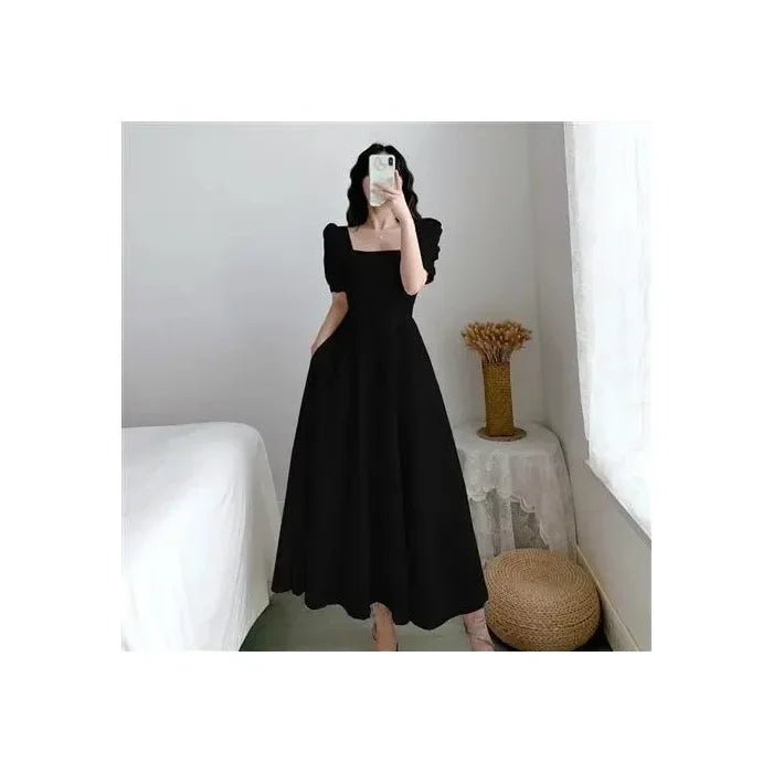 Elegant Slimming Long Dress Summer Puff Sleeves Square Collar White Hebon Lightweight Dress For Women Waist - fitted Casual - TheGlamTrend14:193;5:100014064SblackElegant Slimming Long Dress Summer Puff Sleeves Square Collar White Hebon Lightweight Dress For Women Waist - fitted Casual