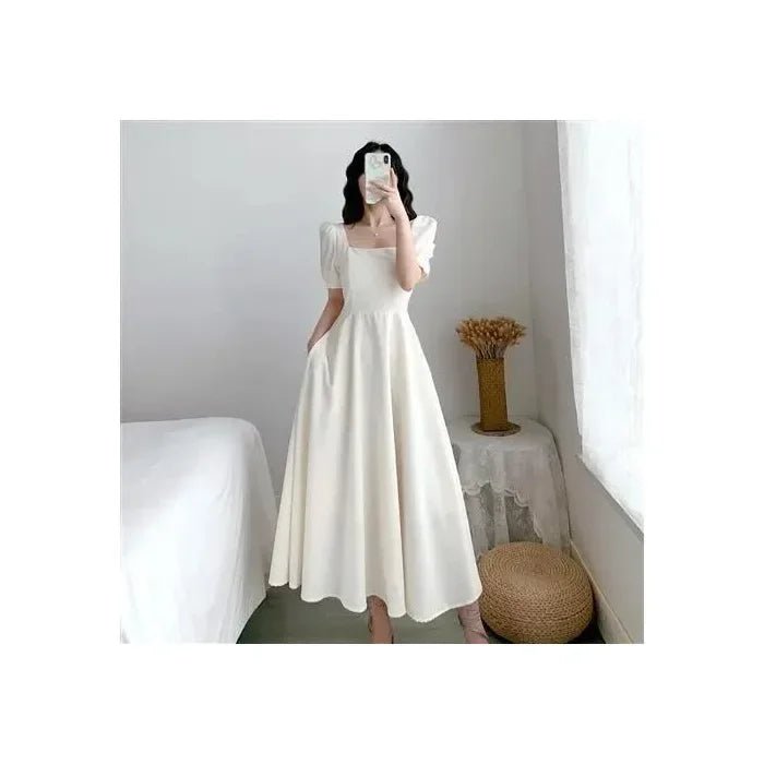 Elegant Slimming Long Dress Summer Puff Sleeves Square Collar White Hebon Lightweight Dress For Women Waist - fitted Casual - TheGlamTrend14:29;5:1502XL2XLWHITEElegant Slimming Long Dress Summer Puff Sleeves Square Collar White Hebon Lightweight Dress For Women Waist - fitted Casual