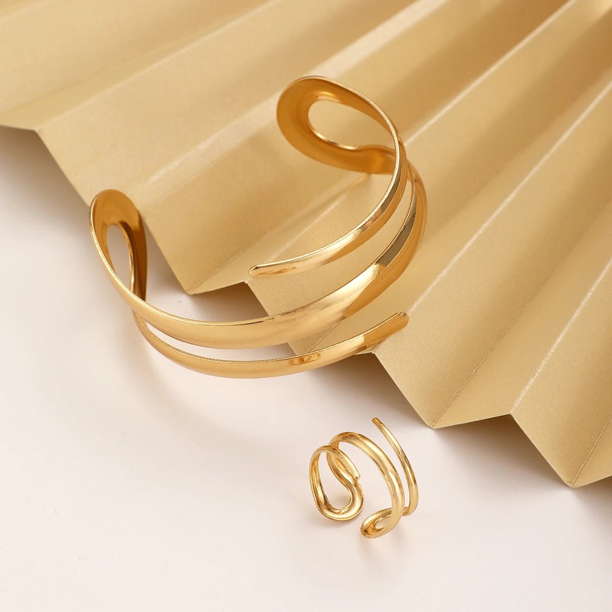 European And American Thick Bracelet And Ring Jewelry Set For Women Gold Color Geometric Line Bracelet Ring Combination Set Gift - TheGlamTrend200001033:361180OVGold ColorOVGold ColorEuropean And American Thick Bracelet And Ring Jewelry Set For Women Gold Color Geometric Line Bracelet Ring Combination Set Gift