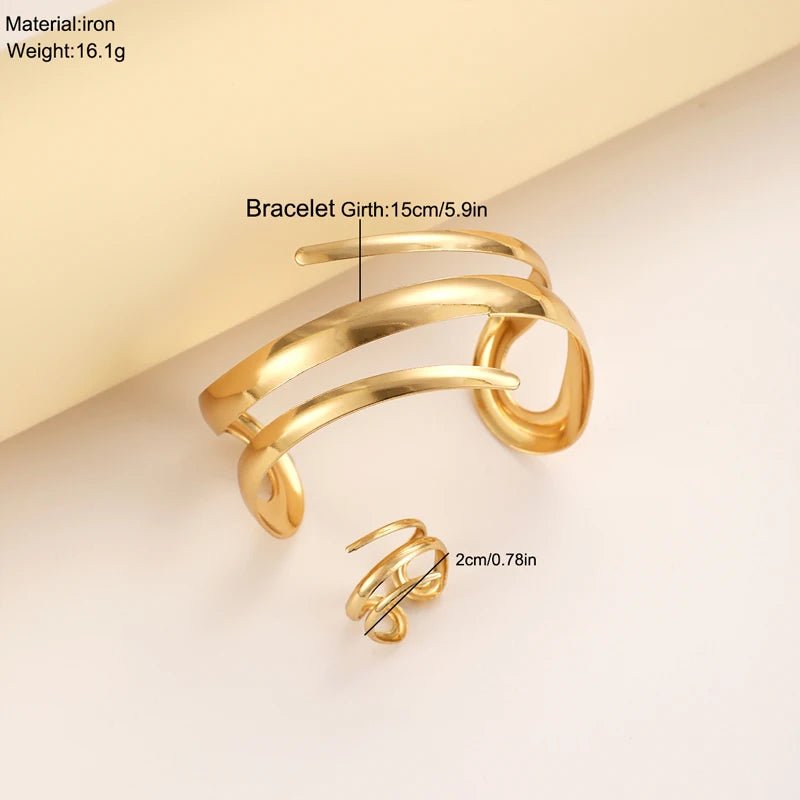 European And American Thick Bracelet And Ring Jewelry Set For Women Gold Color Geometric Line Bracelet Ring Combination Set Gift - TheGlamTrend200001033:361180OVGold ColorOVGold ColorEuropean And American Thick Bracelet And Ring Jewelry Set For Women Gold Color Geometric Line Bracelet Ring Combination Set Gift