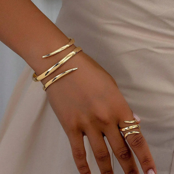 European And American Thick Bracelet And Ring Jewelry Set For Women Gold Color Geometric Line Bracelet Ring Combination Set Gift - TheGlamTrend200001033:361180OVGold ColorOVGold ColorEuropean And American Thick Bracelet And Ring Jewelry Set For Women Gold Color Geometric Line Bracelet Ring Combination Set Gift