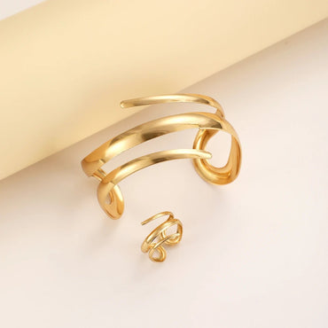 European And American Thick Bracelet And Ring Jewelry Set For Women Gold Color Geometric Line Bracelet Ring Combination Set Gift - TheGlamTrend200001033:361180OVGold ColorOVGold ColorEuropean And American Thick Bracelet And Ring Jewelry Set For Women Gold Color Geometric Line Bracelet Ring Combination Set Gift