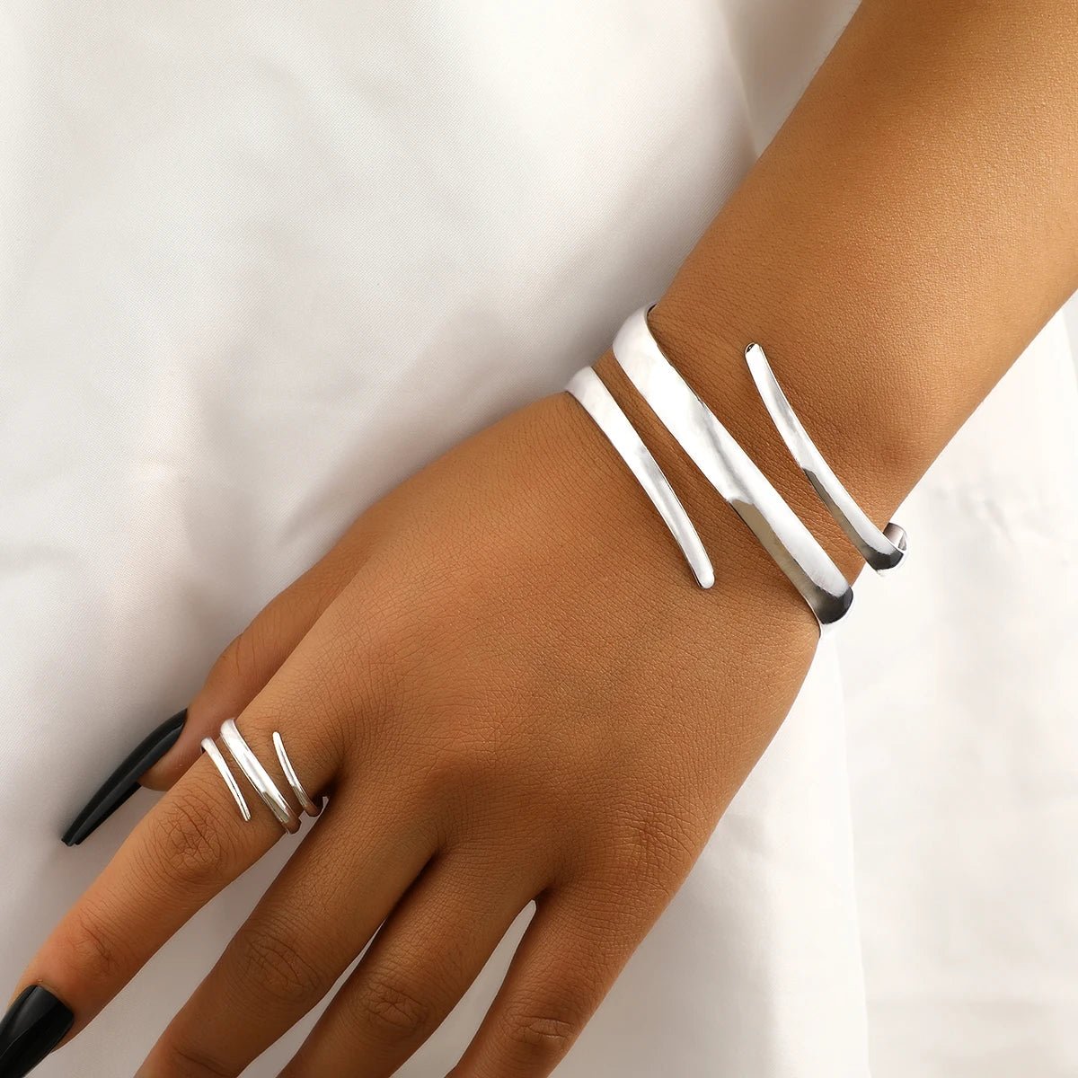 European And American Thick Bracelet And Ring Jewelry Set For Women Gold Color Geometric Line Bracelet Ring Combination Set Gift - TheGlamTrend200001033:361181OVSilver ColorOVSilver ColorEuropean And American Thick Bracelet And Ring Jewelry Set For Women Gold Color Geometric Line Bracelet Ring Combination Set Gift