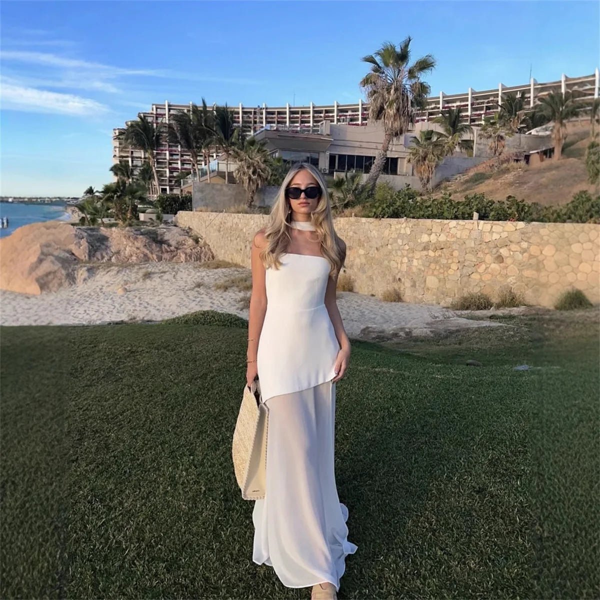 Fashion Strapless Dress With Ribbon Female Elegant Sleeveless Patchwork Mesh Beach Vacation Long Dress 2025 Summer New Dress - TheGlamTrend14:29;5:361386WHITEMFashion Strapless Dress With Ribbon Female Elegant Sleeveless Patchwork Mesh Beach Vacation Long Dress 2025 Summer New Dress