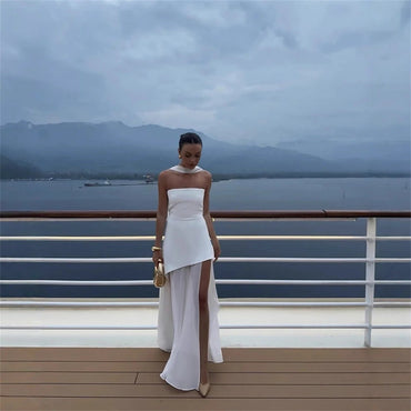 Fashion Strapless Dress With Ribbon Female Elegant Sleeveless Patchwork Mesh Beach Vacation Long Dress 2025 Summer New Dress - TheGlamTrend14:29;5:361386WHITEMFashion Strapless Dress With Ribbon Female Elegant Sleeveless Patchwork Mesh Beach Vacation Long Dress 2025 Summer New Dress