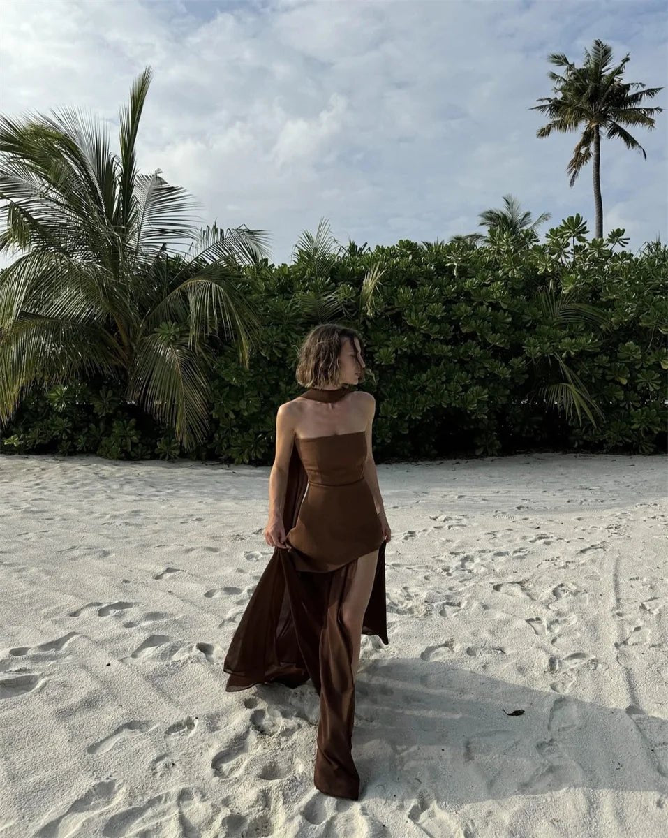 Fashion Strapless Dress With Ribbon Female Elegant Sleeveless Patchwork Mesh Beach Vacation Long Dress 2025 Summer New Dress - TheGlamTrend14:365458Coffee;5:100014064CoffeeSFashion Strapless Dress With Ribbon Female Elegant Sleeveless Patchwork Mesh Beach Vacation Long Dress 2025 Summer New Dress