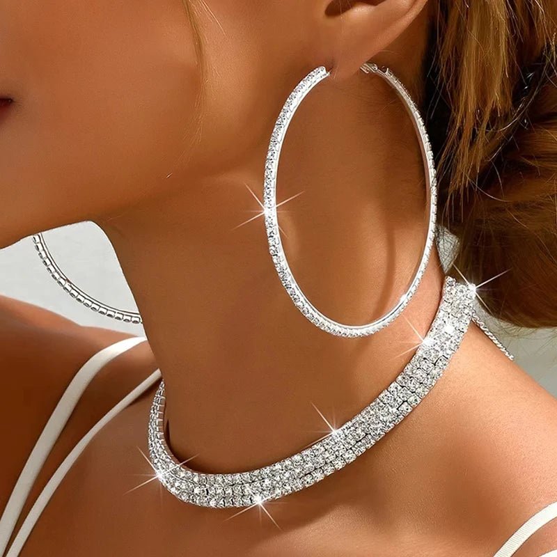 Fashion Wedding Jewelry For Women Shining Rhinestone Chunky Necklace Hoop Earrings Sets Jewellery Gifts Women Bridal Accessory - TheGlamTrend200001033:361180colorcolorFashion Wedding Jewelry For Women Shining Rhinestone Chunky Necklace Hoop Earrings Sets Jewellery Gifts Women Bridal Accessory